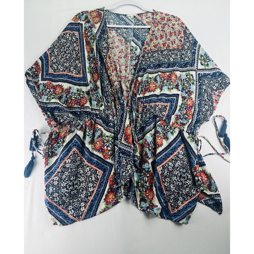 En Creme Floral Boho Kimono Cover Up Tassel Tie 100% Rayon Size M - Picture 3 of 12
